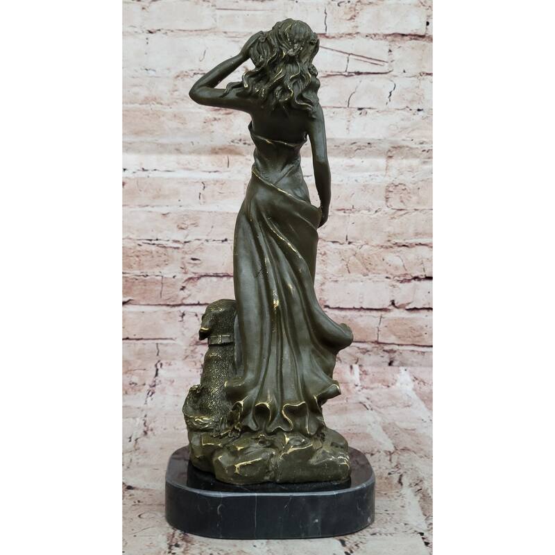 Bronze Lady With Loyal Imitative Dog Sculpture On Marble Base By Aldo Vitaleh