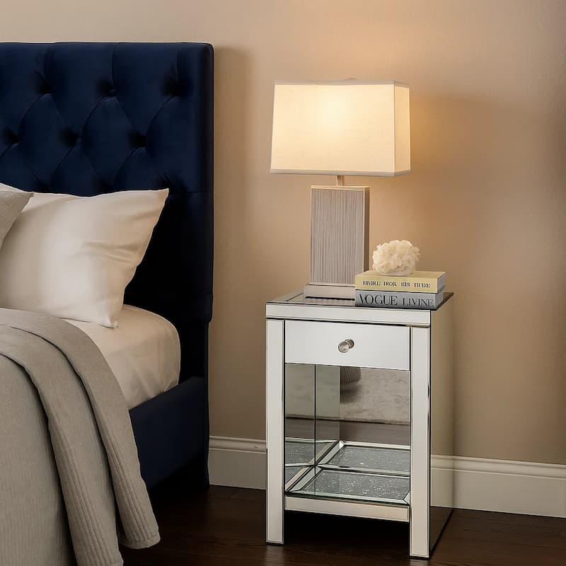 Mirrored Wooden Night Table with 1 Drawer and Bottom Shelf, Silver