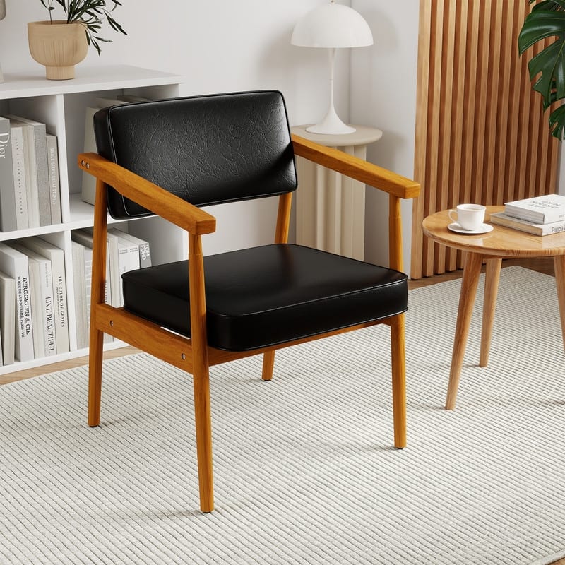 Walnut Faux Leather Upholstered Dining Chair Padded Armchair Solid Wood Open Back