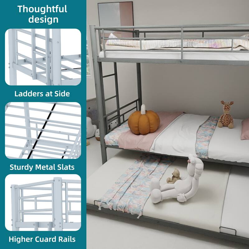 Heavy Duty Metal Twin over Twin Bunk Bed Frame with Trundle Bed, Detachable Steel Bunk Bed, Converted Into Two Separate Beds