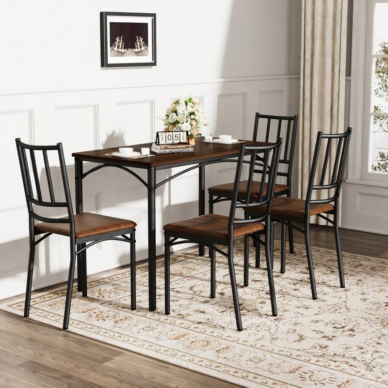 5-Piece Dining Set, 43.3" Rectangle Wood Table with 4 Steel Chairs