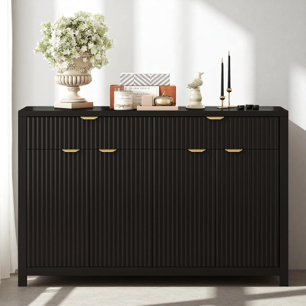 Modern Sideboard Buffet Cabinet with Wave Pattern, 2 Drawers, 4 Doors, Adjustable Shelves, Scandinavian Style