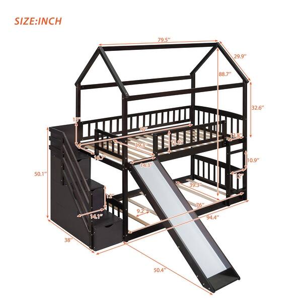 Twin Over Twin Wood House Bunk Kids Bed with Storage Stairs & Slide ...