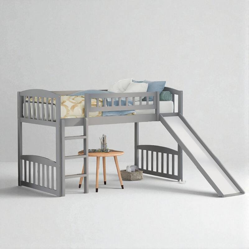 Twin Size Loft Bed with Slide and Ladder, Solid Wood Frame with Guardrails for Kids or Teens