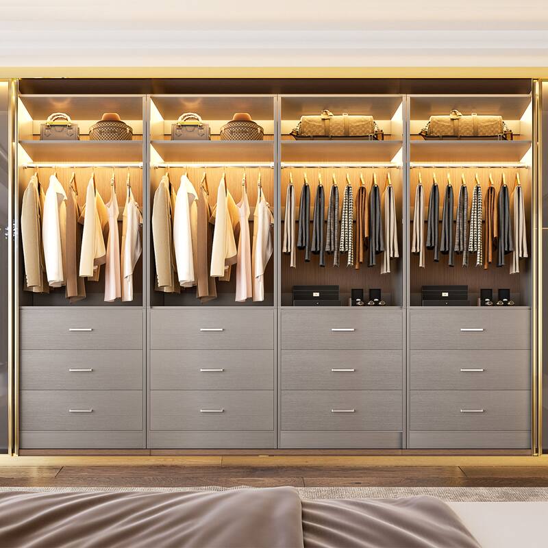 Kyrvo Freestanding Closet Sytem with 3 Wooden Drawers and Hanging Rod and Storage Shelf, Walk-in Closet Organizer Wardrobe - Grey - Set of 4