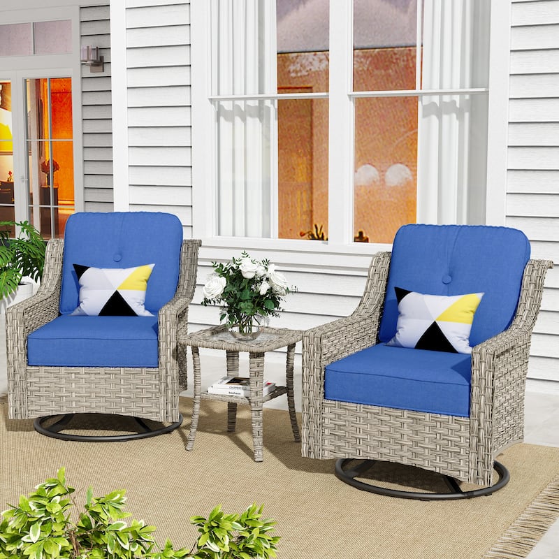 XIZZI 3-Piece Swivel Rocking Chair Rattan Wicker Outdoor Patio Furniture Bistro Set - Navy Blue