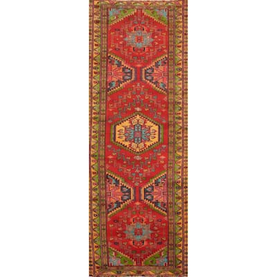 Hand Knotted Oriental 100% Wool Carpet Traditional Geometric Red Heriz Runner Rug - 10' 3'' X 3' 5''