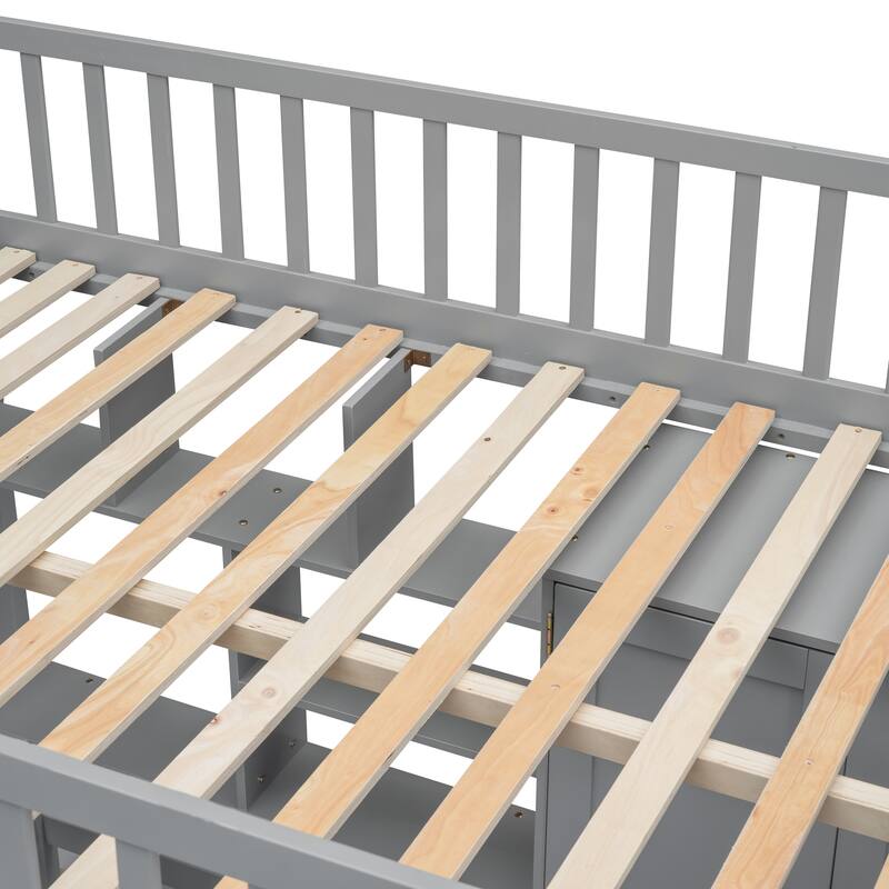 Full Size Loft Bed with Built-in Bookshelf, Drawers, Desk and Wardrobe in Gray