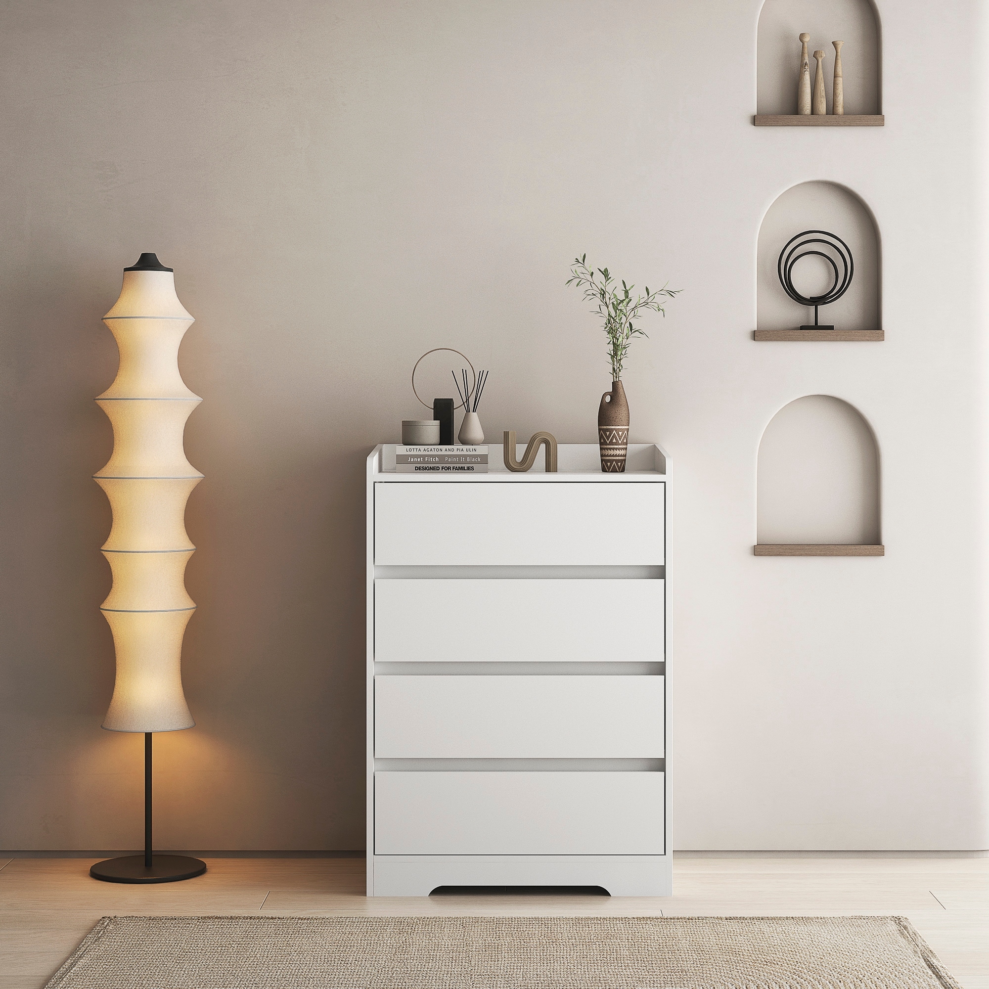 Anmytek White 4 Drawer Waterproof Dresser, Modern Handleless Chest of Drawers for Bedroom Living Room
