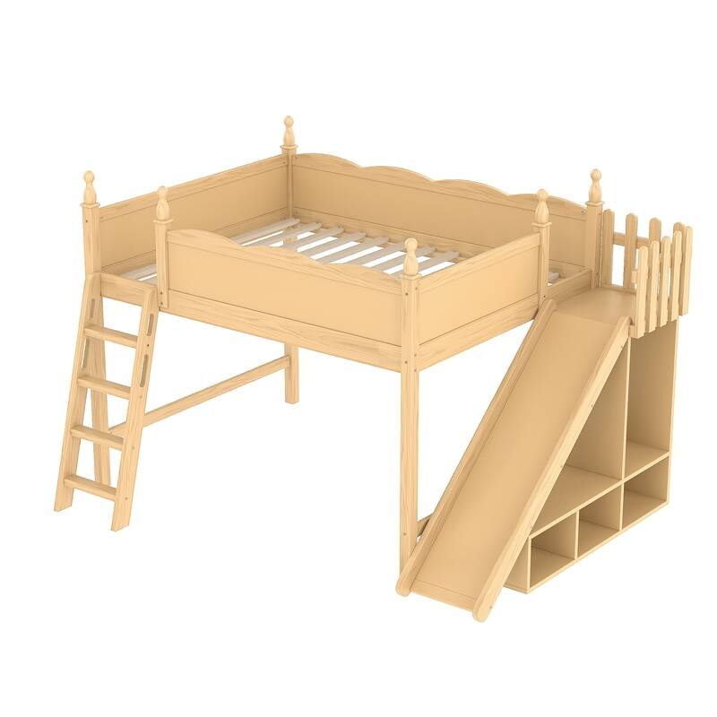 Queen Loft Bed with Storage Shelves and Wardrobe, Solid Wood Loft Beds with Detachable Slide and Ladders, No Spring Box Needed