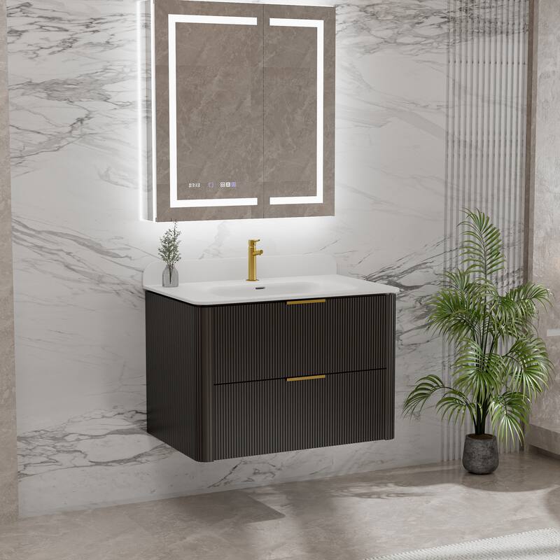 Modland Fluted Floating Vanity with Sink, Plywood Wall Mount Cabinet, Curved Edge, 24/30/36 Inch - 24 inch - Black