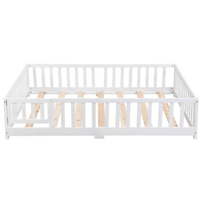 Twin Size Floor Bed with Safety Door, Solid Wood Platform Bed Frame with Fence, Ideal for Kids, Pine Wood, White