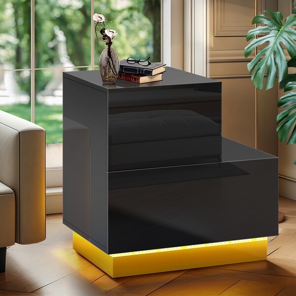 Moasis 2 Drawer Nightstand Beside Bed Table with LED Lights High Gloss White Marble
