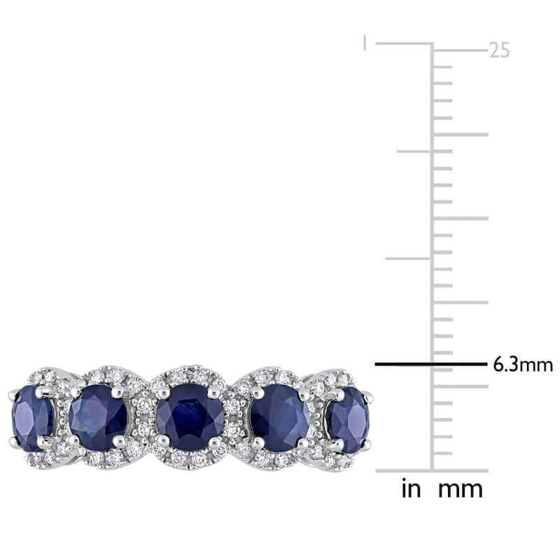 Miadora Blue Sapphire and 1/5ct TDW Diamond 5-Stone Halo Semi-Eternity Band Ring in 14k White Gold