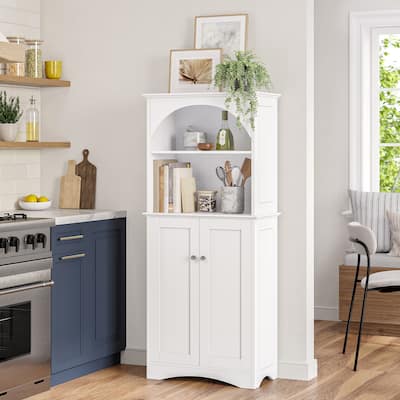 Two-Door Tall Kitchen Storage Cabinet with Open Shelves - White
