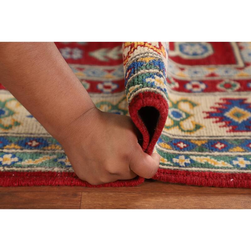 Red Geometric Kazak Oriental Foyer Rug Hand-Knotted Wool Carpet - 3'4" x 5'0"