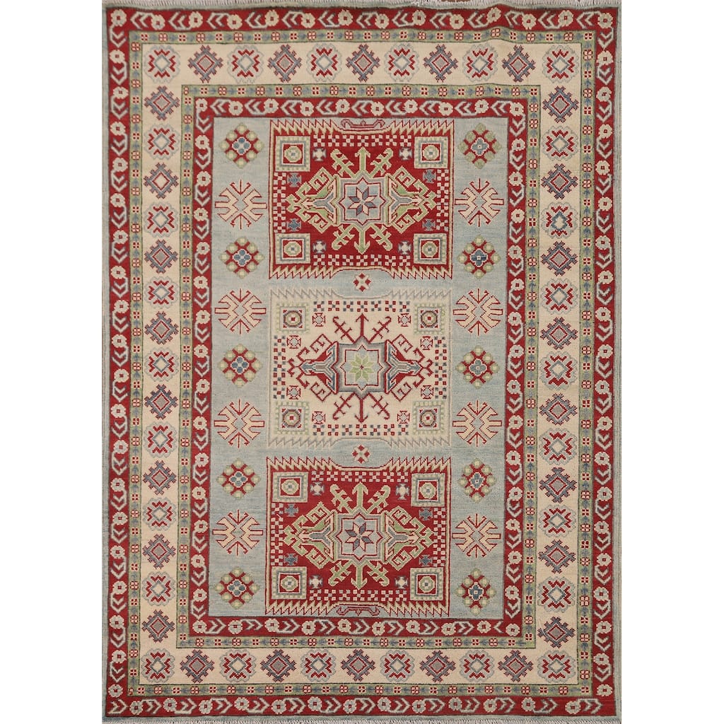 Geometric Kazak Area Rug Bedroom Handmade Wool Carpet - 5'1" x 6'10"