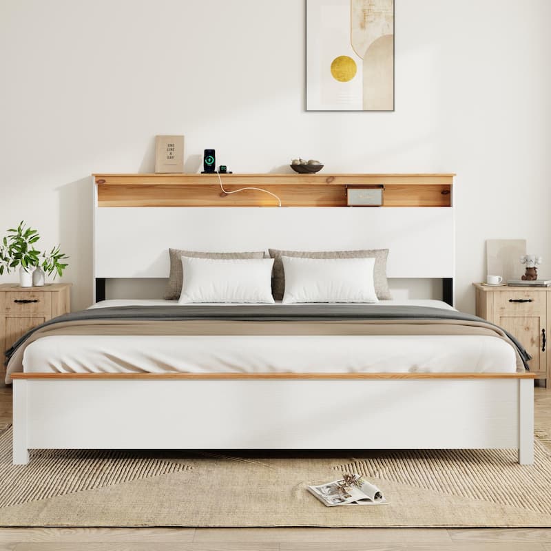 Classic White Low Profile Bed Rustic Farmhouse Platform Bed Frame with Storage Headboard Built-in Charging Station, Touch Light