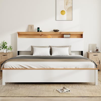 King Bedstead With Charging Station All Wood Bed Frame, Rustic Bed Frame With Storage Headboard And Built-In Charging Station