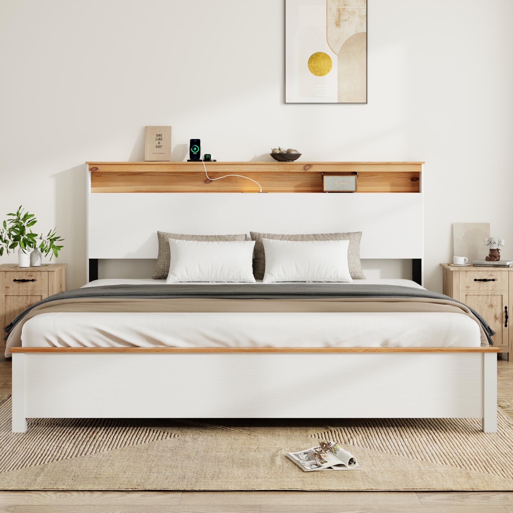 King Bedstead With Charging Station All Wood Bed Frame, Rustic Bed Frame With Storage Headboard And Built-In Charging Station