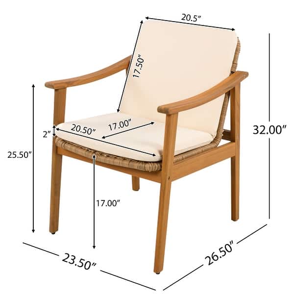 dimension image slide 2 of 3, Christopher Knight Home - Hayden Outdoor Acacia Wood and Metal Dining Set with Cushioned Arm Chairs 7 Piece Set