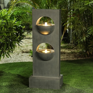 Grey Cement Column Two Tier Bowl Bubbler Outdoor Fountain with Lights