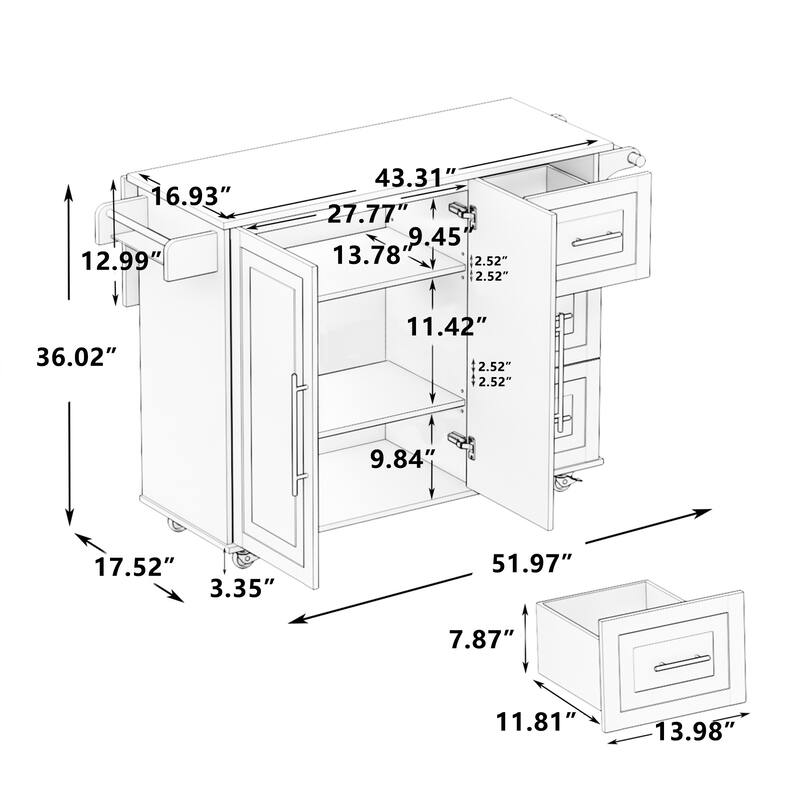 Kitchen Island Cart with 2 Door Cabinet and Three Drawers