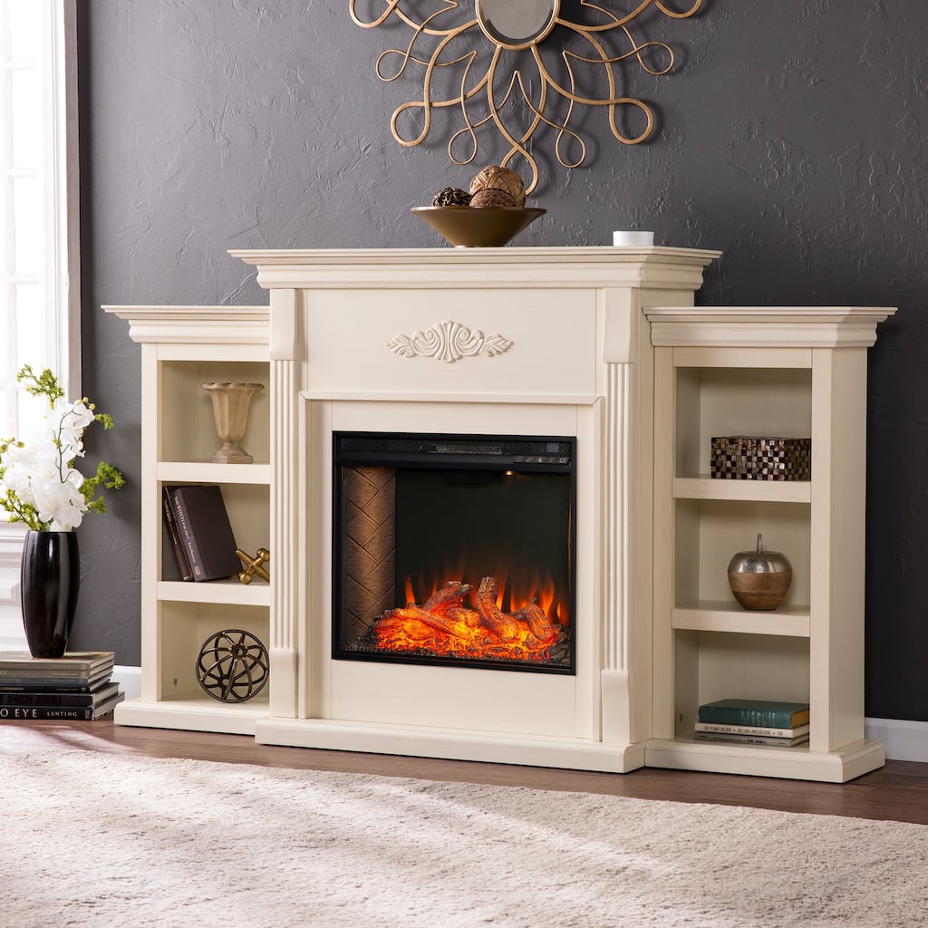 SEI Furniture Tennyson Criss-Cross Electric Bookcase Fireplace - 14"W x 42"D x 70"H