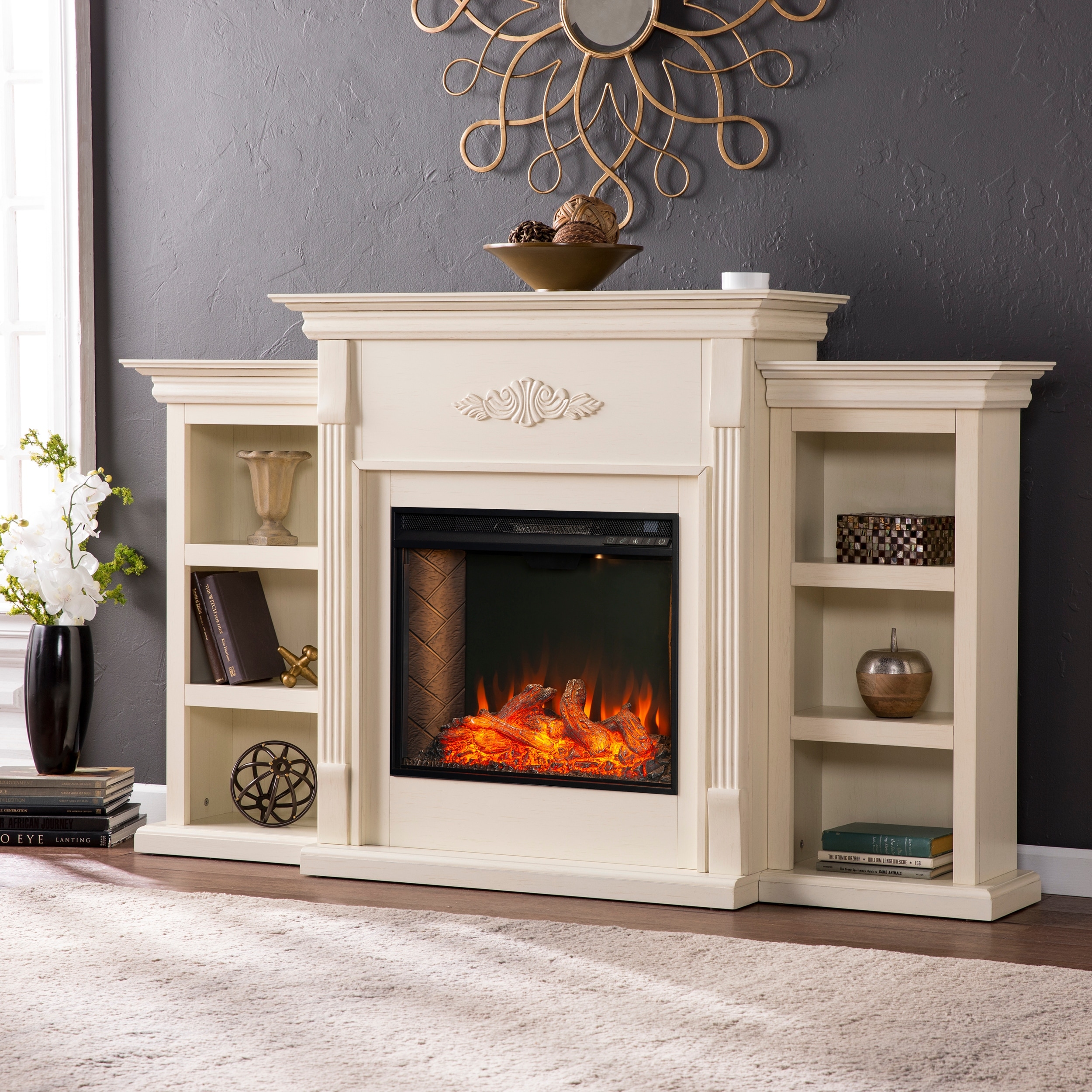 SEI Furniture Tennyson Criss-Cross Electric Bookcase Fireplace - 14"W x 42"D x 70"H