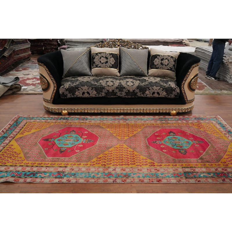Hand Knotted Oriental 100% Wool Carpet Traditional Geometric Yellow & Gold Tabriz Area Rug - 10' 2'' X 4' 7''