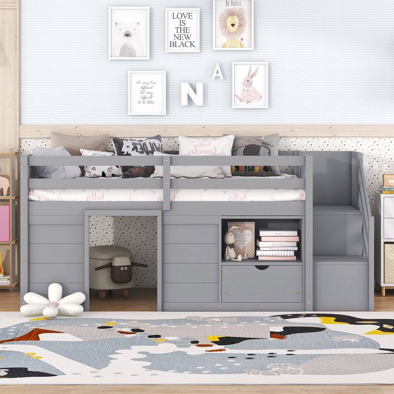 Gray Low Loft Bed with Drawers & Stairway