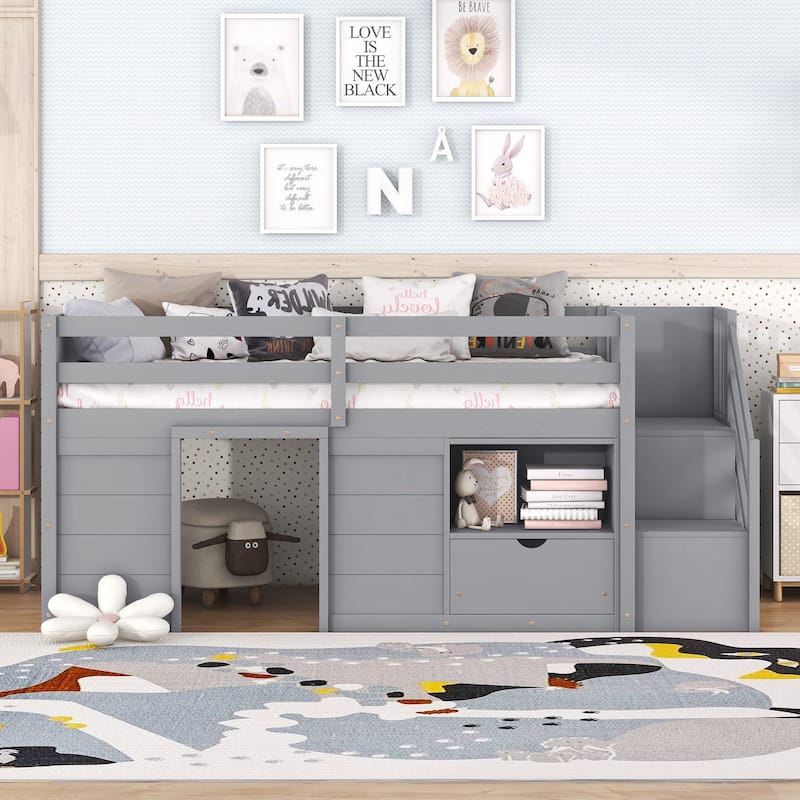 Twin Low Loft Bed with Storage Drawer, Bookshelf, and Playhouse Structure
