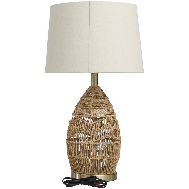 Wicker Wood Handmade Woven Room Table Lamp with Zig Zag Pattern and Gold Base - Brown - Roche River Decor