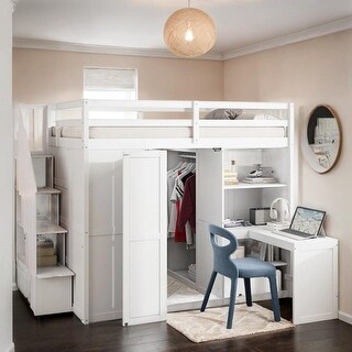 Full Size Bunk Bed with Wardrobe, Desk and Shelves, White