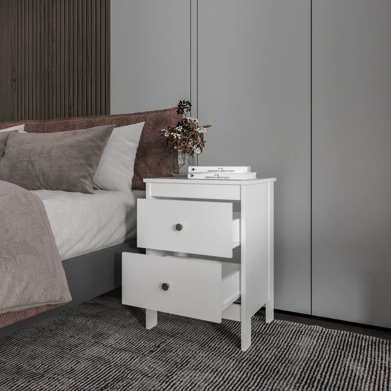 White Nightstand with Two Drawers and Knob Hardware