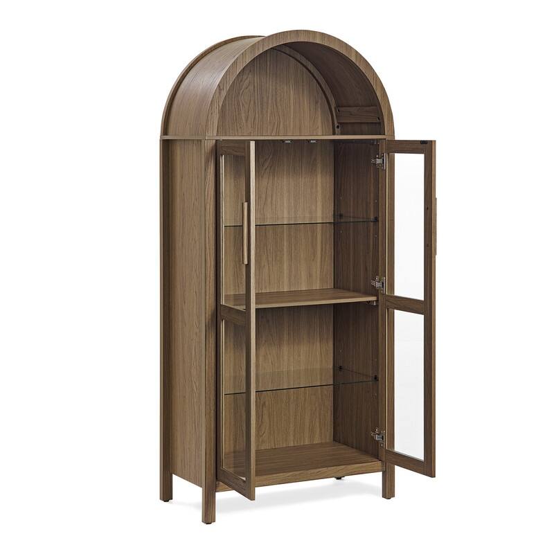 67" Tall Arched Kitchen Pantrywith a lamp,modern retro-style wooden storage cabinet with adjustable glass partitions