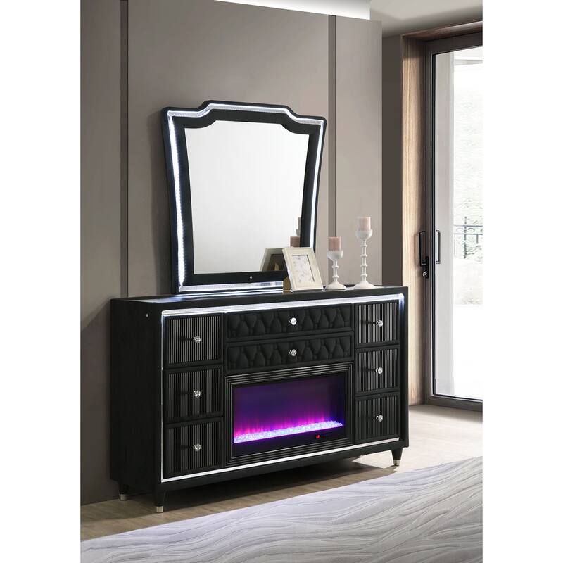 Lorient 8-drawer LED Flame Box Dresser and Mirror Black