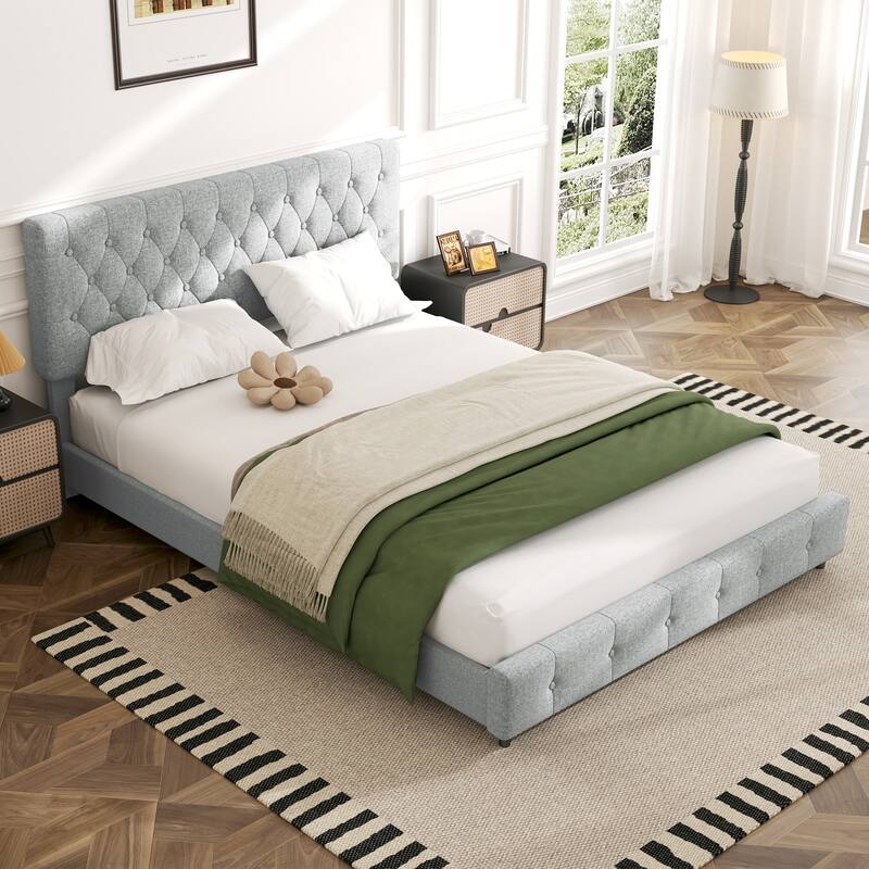 Linen Upholstered Headboard Bed Frame with Large Hidden Storage, 4 Underbed Drawers with Pulleys