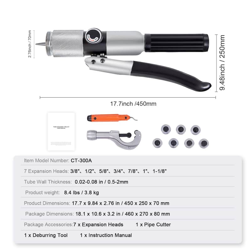 Hydraulic Tube Expander, 3/8" to 1-1/8" OD, HAVC Hydraulic Swaging Tool with 7 Pipe Expander Heads, Deburring Tool