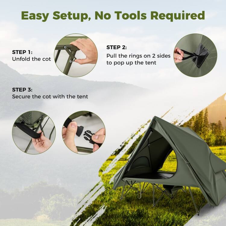 Green Oxford Cloth Metal 2-Person Camping Tent Cot Combo with Rainfly and Wheeled Bag - 80" x 51" x 64"