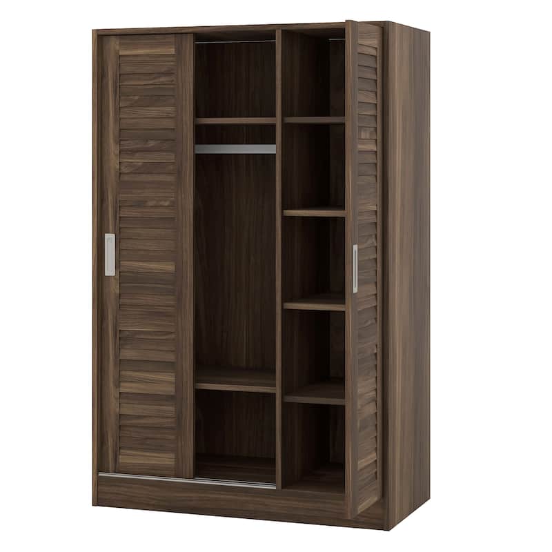3-Door Shutter Wardrobe with Shelves, Freestanding Bedroom Armoires Cabinet with Runners, Entrance Wooden Storage Cabinet