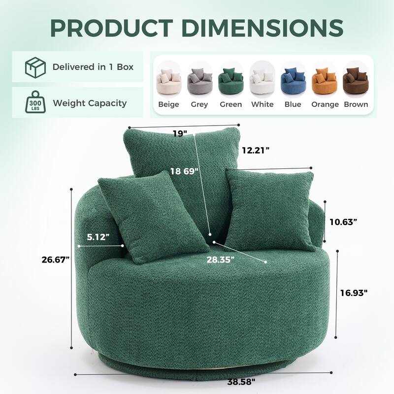 Oversized Swivel Round Barrel Chair, Ergonomic Single Sofa Chair, Upholstered Accent Chair with 3 Removable Pillows