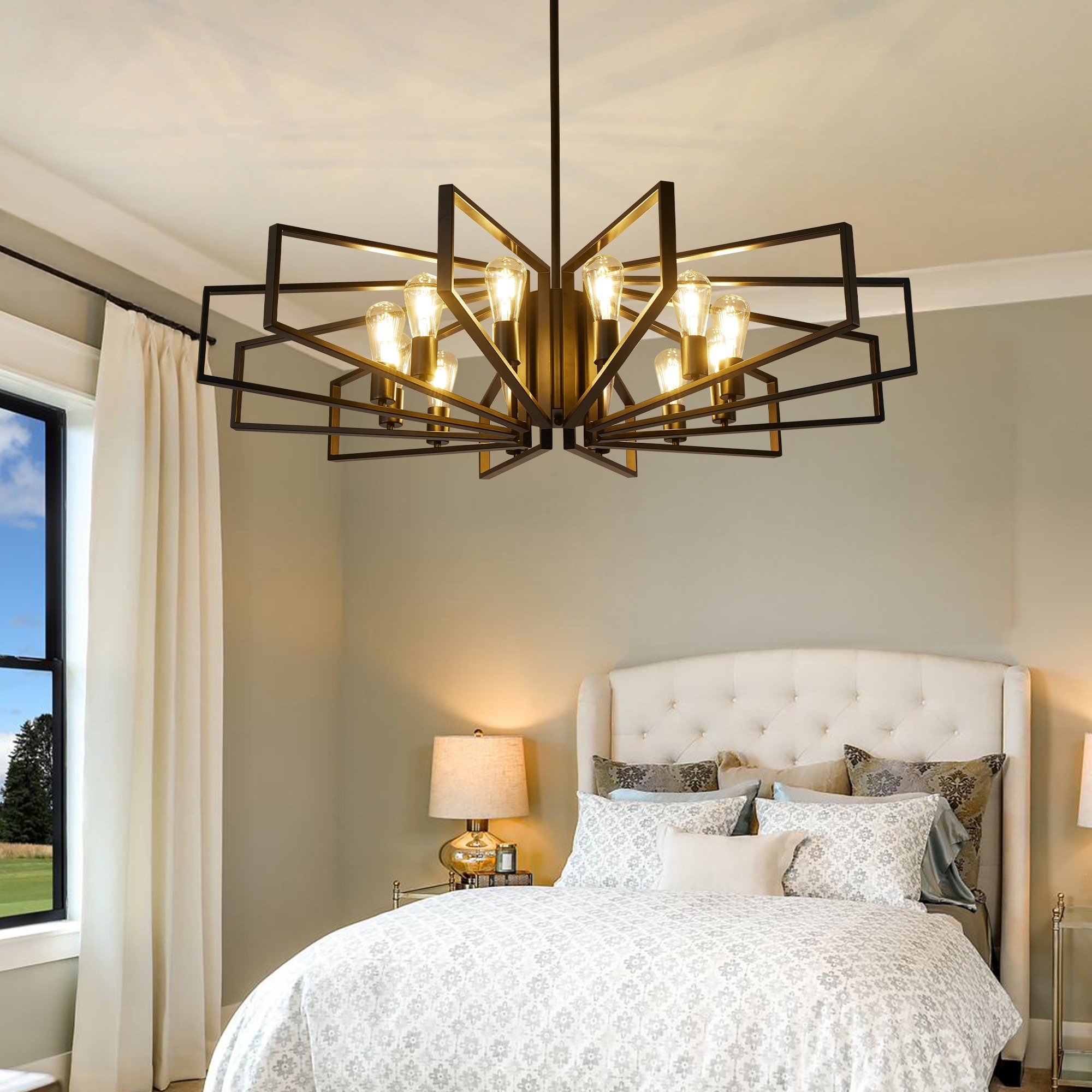 12-Light Geometric Square / Rectangle Chandelier, Modern Farmhouse Pendant Light Fixture, Over Table Lighting for Living Room