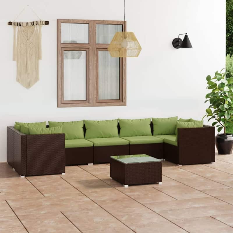 vidaXL 7 Piece Patio Lounge Set with Cushions Poly Rattan Brown - 27.6" x 27.6" x 24" - 27.6" x 27.6" x 24" - Brown/Green 11 x Back pillow