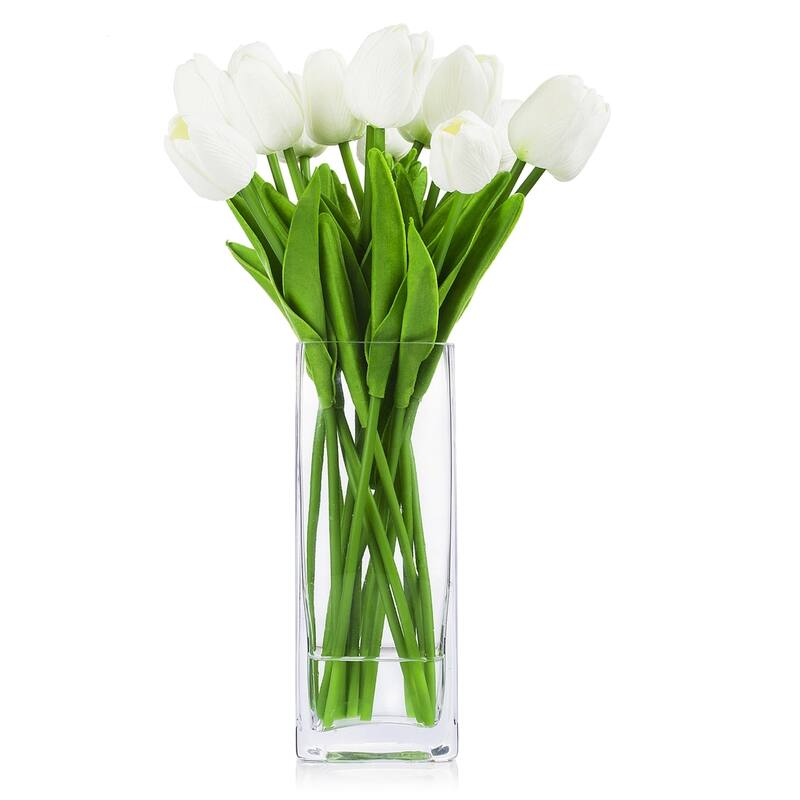 Enova Home Artificial Real Touch Tulips Fake Silk Flowers Arrangement in Glass Vase with Faux Water for Home Wedding Decoration - White