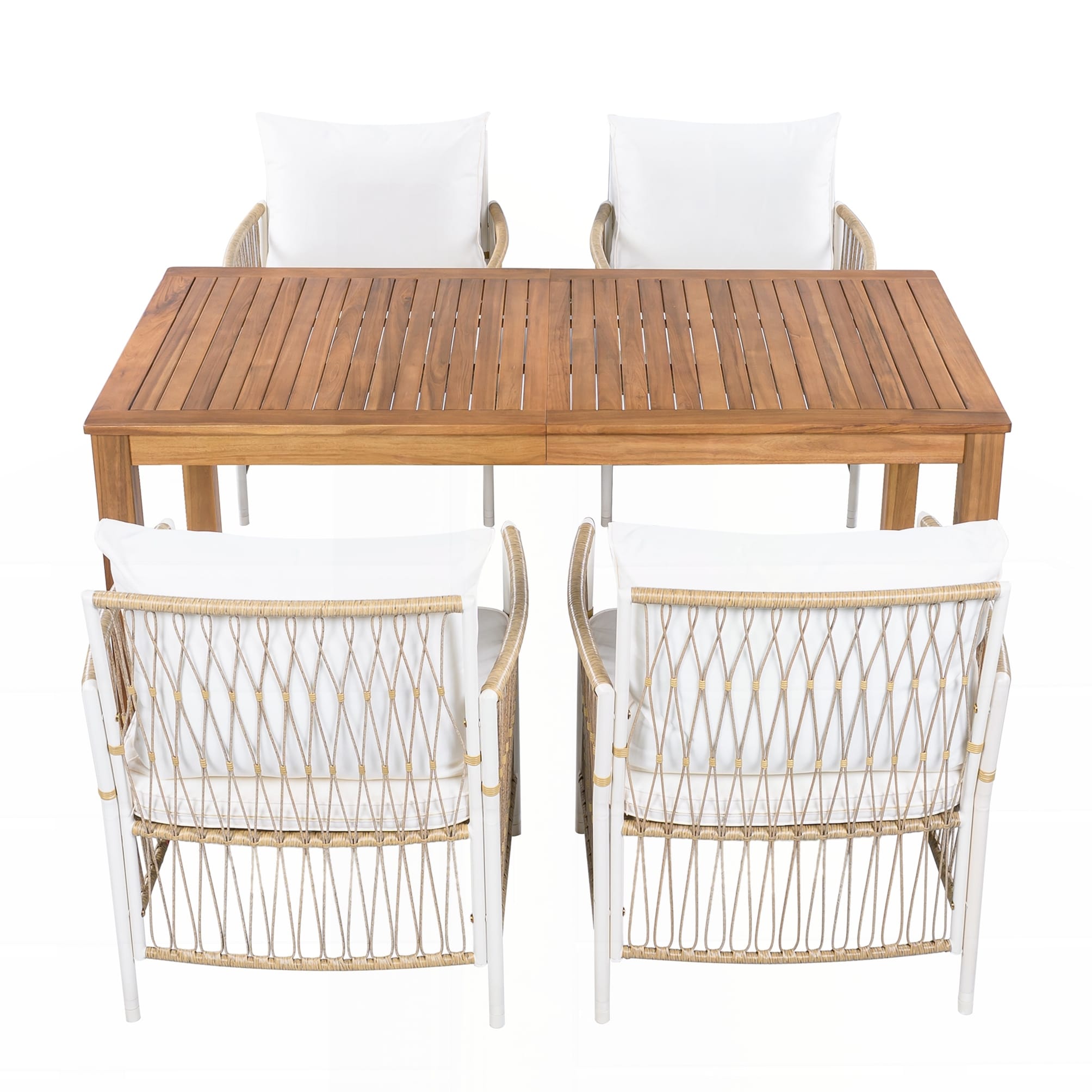Patio 5pcs Wooden Dining Table Set, Outdoor 67''L Rectangular Table with 4 Rattan Arm Chairs