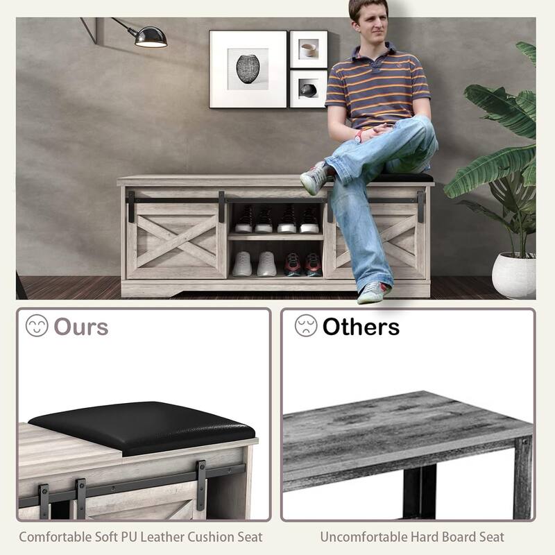 WESOME 47 inch Shoes Bench with Sliding Barn Door Storage Cabinet and Adjustable Shelves - 47.24"Lx15.35"Dx18.7"H