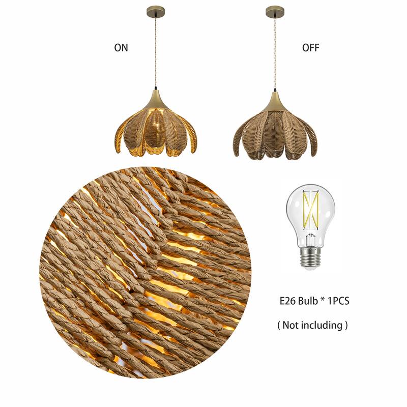 Kamala 1-Light Rattan Hemp Floral Pendant, Modern Coastal Boho - Handwoven