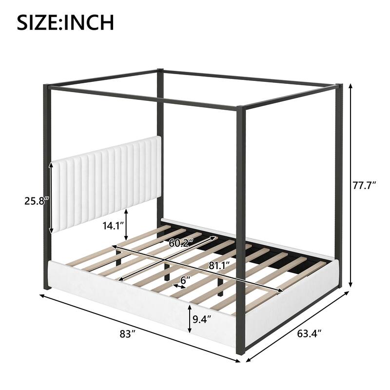 Roomfitters Queen Canopy Platform Bed with Velvet Upholstered Headboard, Metal Frame, White