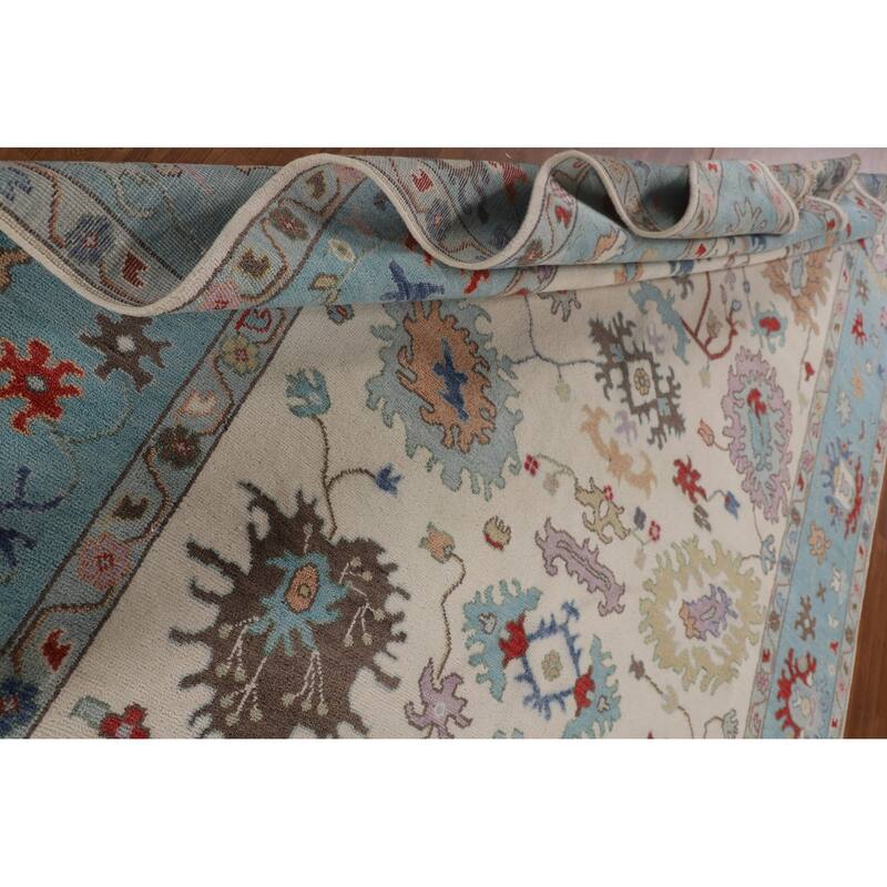 Beige / Ivory Floral Oushak Area Rug Hand-Knotted Wool Carpet - 9'1" x 11'9"